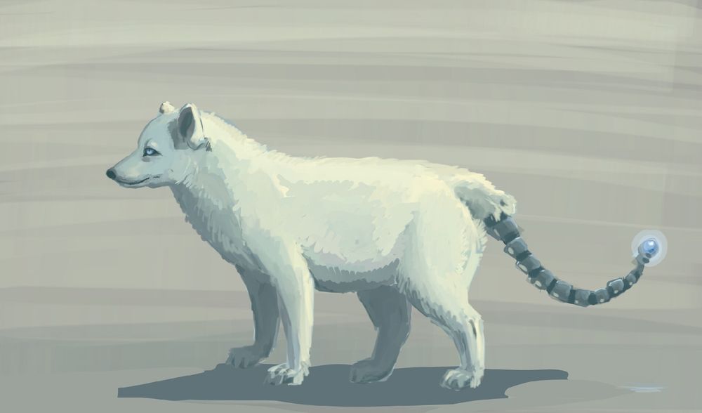 Digital painting of a snow fox, Nova, with an artificial tail with a glowing blue tip.