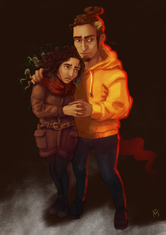 Digital painting of a man, Jay, and a woman, Alex, huddling close together and looking concerned at the red source of light to their side. Jay is wearing a yellow sweater and a bun and has his arm protectively around Alex. She is dressed in a winter coat and a scarf and leans in, clutching Jay's hand. 