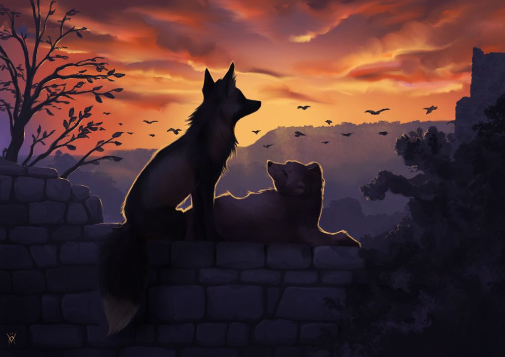 Digital painting of two foxes sitting on an old stone wall, in front of a sunset over a valley. In the distance there are flat topped mountains. 
The left fox is sitting, looking into the distance, the right one is stretched out and looking up at the first one. 