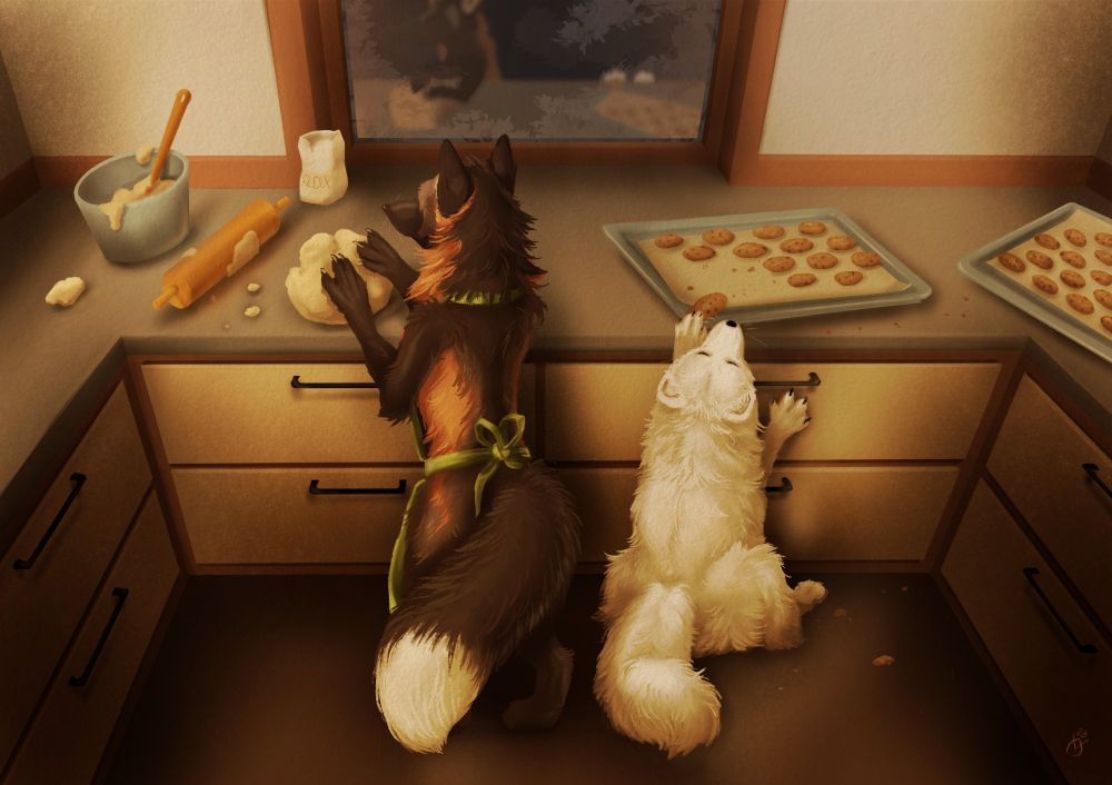 Two foxes, a cross fox and a polar fox, baking together in a warmly lit kitchen. Well, one is baking, the other is just stealing the goods.