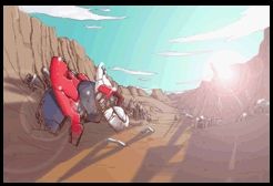 The last scene from Mega Man Zero 4, after the credits roll. It depicts Zero's helmet destroyed in the sand without any other sign of Zero's body surviving.