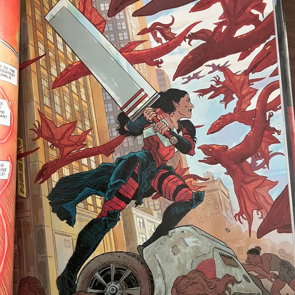 Diana fighting harbingers with a big sword 
