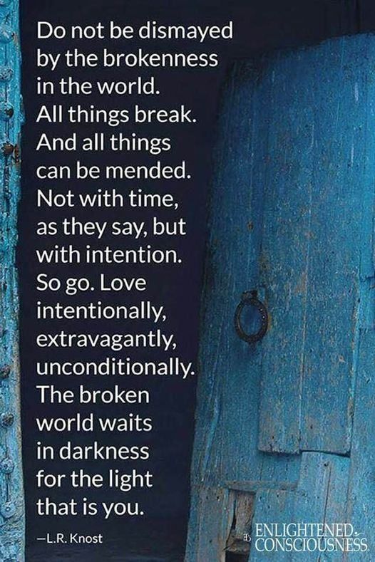 "Do not be dismayed by the brokenness in the world.  All things break. And all things can be mended. Not with time as they say, but with intention. So go. Love intentionally, extravagantly, unconditionally. The broken world waits in darkness for the light that is you."
~L. R. Knost