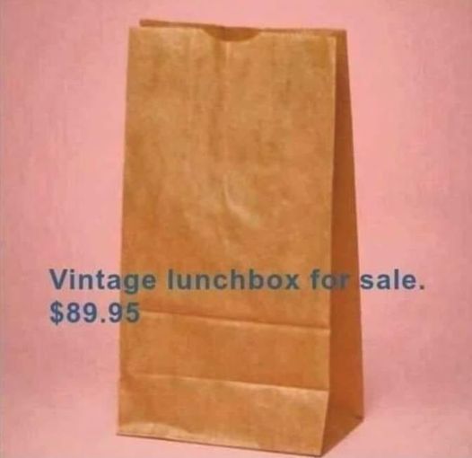 A paper bag.  The caption reads, "Vintage lunchbox for sale, $89.95."