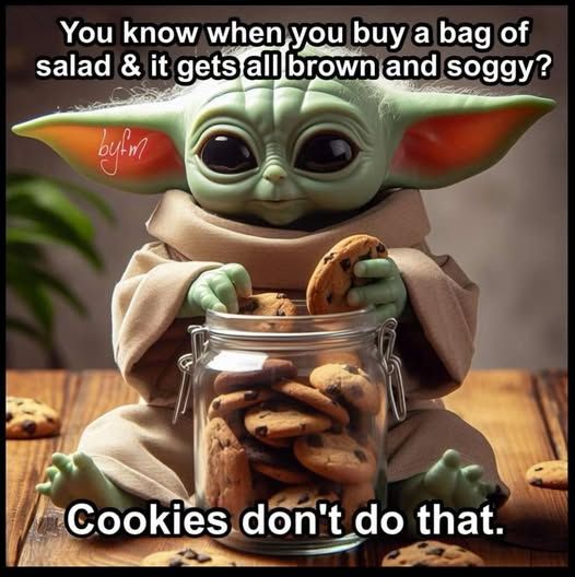 A Yoda baby eating cookies from a cookie jar.  The caption reads, "You know when you buy a bag of salad and it gets all brown and soggy?  Cookies don't do that."