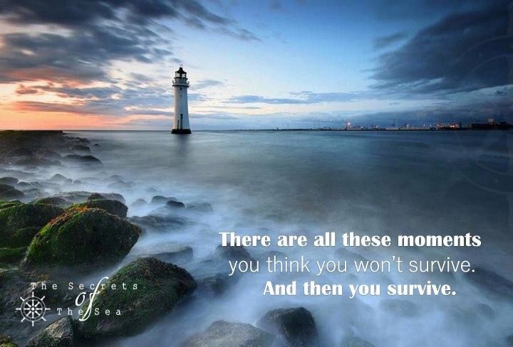 A photo of a lighthouse and the ocean.  Caption reads, "There are all these moments you think you won't survive. And then you survive."