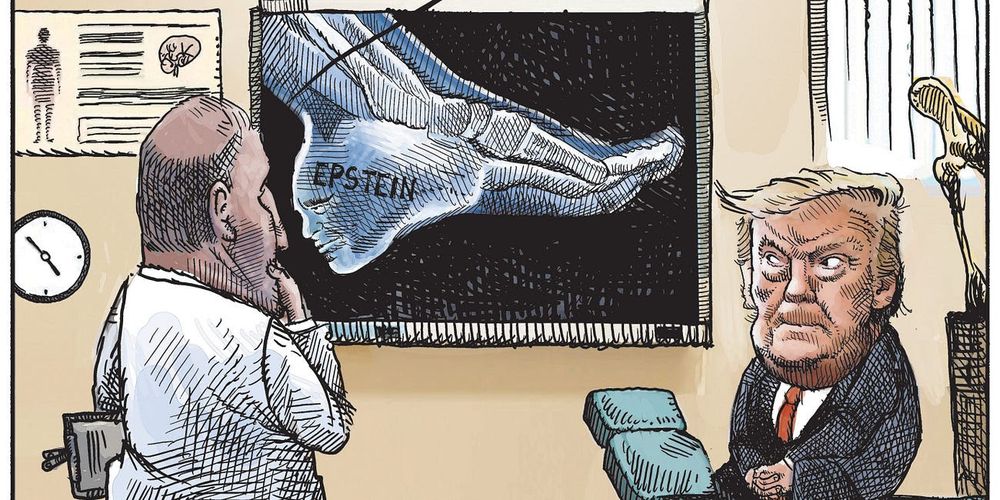 Cartoon of a doctor and trump standing in front of a foot xray.  The xray shows the word epstein on the heel of the foot. Trump looks angry