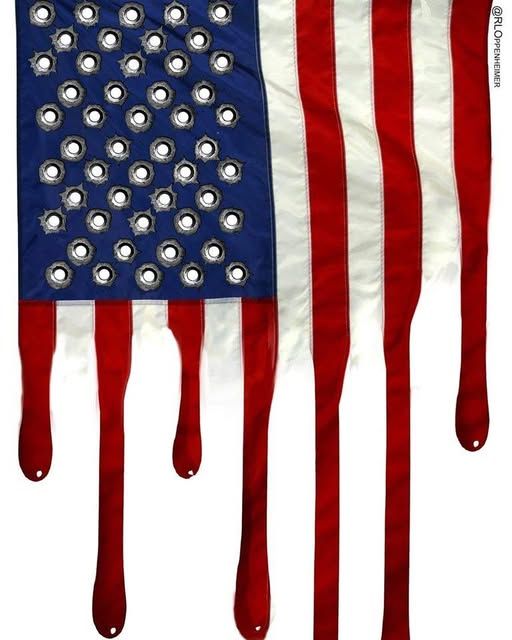 An American flag hanging by it's side.  Where the stars should be are bullet holes.  The stripes look look like dripping blood.  
