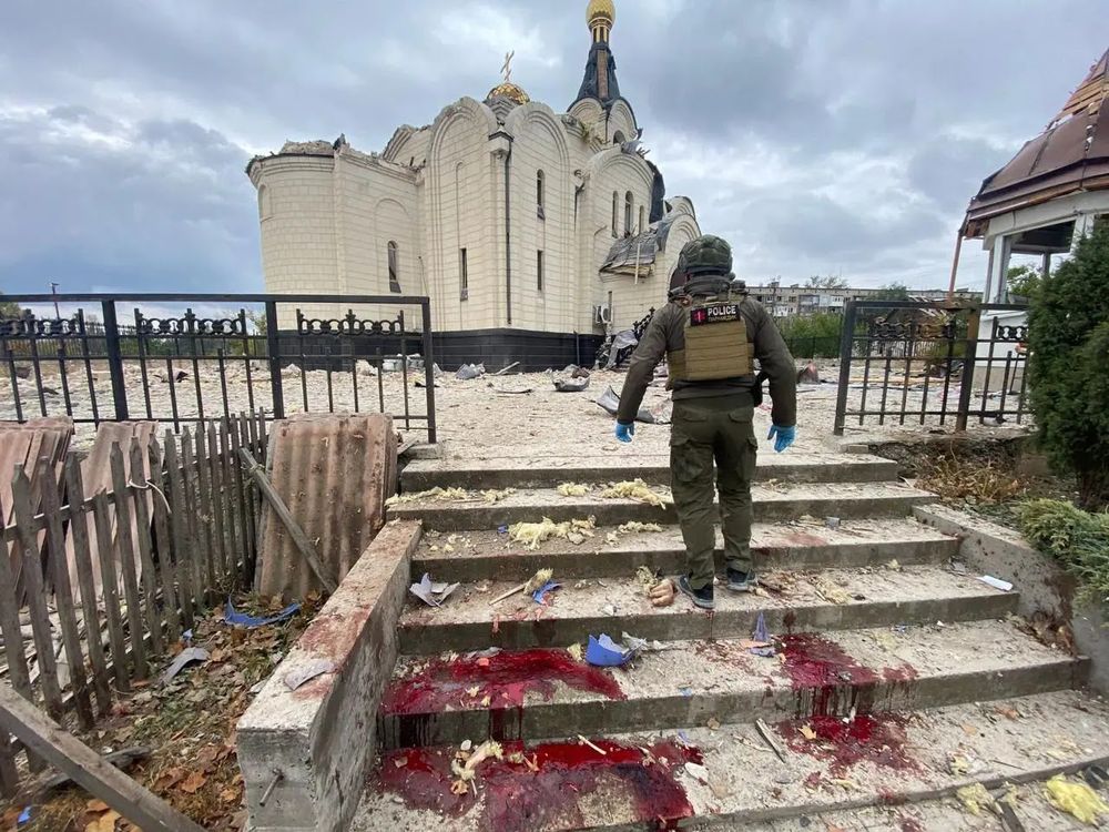 The aftermath of a Russian attack near the Church of Ioan Pochaivskyi in the city of Kostiantynivka, Donetsk Oblast, Ukraine, on Oct. 11, 2025. (Vadym Filashkin/Telegram)