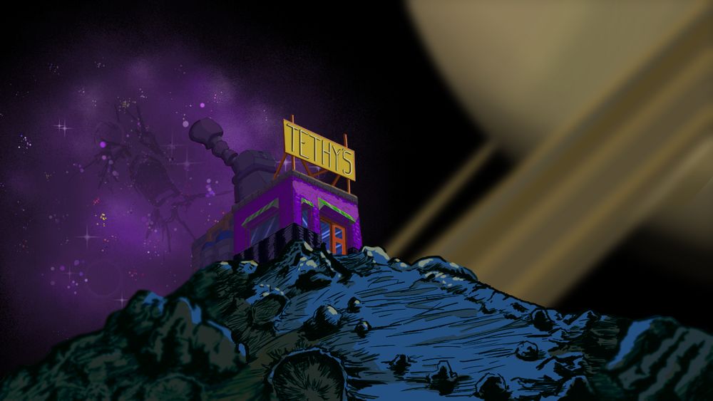Digital art of rocky moon of Saturn, Tethy, with a building standing sporting the moon planet's name on a sign.  Saturn looms in the background along with a purple space cloud clustering stars and a haunting face calling out.