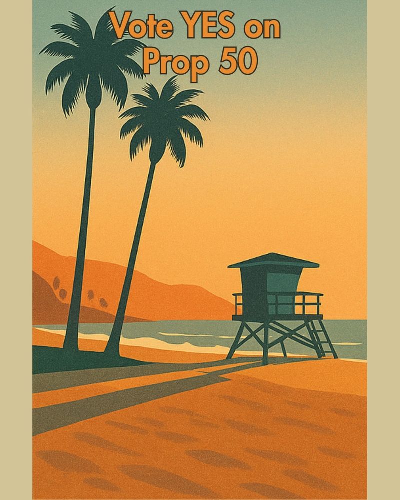 A beautiful retro style drawing of the beach with a lifeguard tower and palm tree. Text: Yes On 50