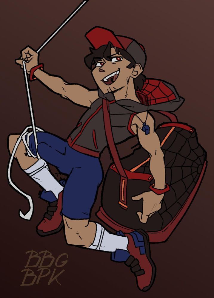 image - Akeno, a.k.a. "Spider-Sitter", a spiderverse OC of the commissioner's. He swings on a line of webbing that seems thick-enough and tightly-strung-enough to pass for a rope, and the side of his hoodie and sports back are adorned with spiderweb patterns, but could otherwise pass for relatively normal sporting gear.

His tight jogging pants don't even PRETEND to hide the bulge of a thick cock that snacks nearly to his knee, his web-line needing to be wrapped around his shorts-leg in order to avoid a public weardrob malfunction.

I wonder who THAT'S for? ;Pc