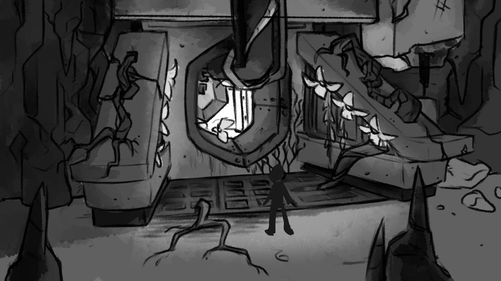 image - Concept art of a scrapped background for a comic. The setting is a dwarven forge of some ancient construction. 

Cleanly-masoned stone and poured concrete is cast against more naturally rough cave walls, and a few instances of rusted-over but impeccably machined metal. The silhouette of a humanoid stands for scale in front of a yawning, metal-lined tunnel, which glows eerily and with vines and pipes running down the tunnel and out of sight. 

The constructed stone and metal appear to be cracking in several places, and grown over with vines whose flowers glow and offer most of the illumination to the space.