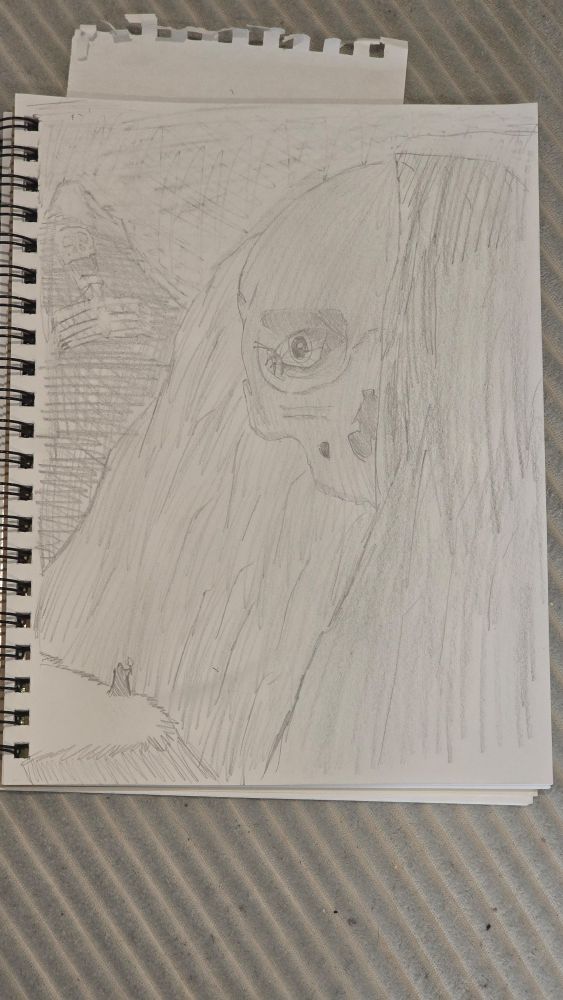 A sketch depicting a large skull embedded into the side of a mountain with a giant moth in the eye socket with its circular pattern appearing to be an eye watching a lone adventurer traversing the moonless knight who beholder the scene from a nearby cliff. Another giant skeleton lines another farther mountain