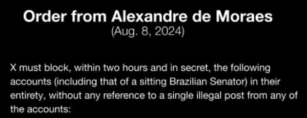 "X must block, within two hours and in secret, the following accounts in their entirety, without any reference to a single illegal post from any of the accound"