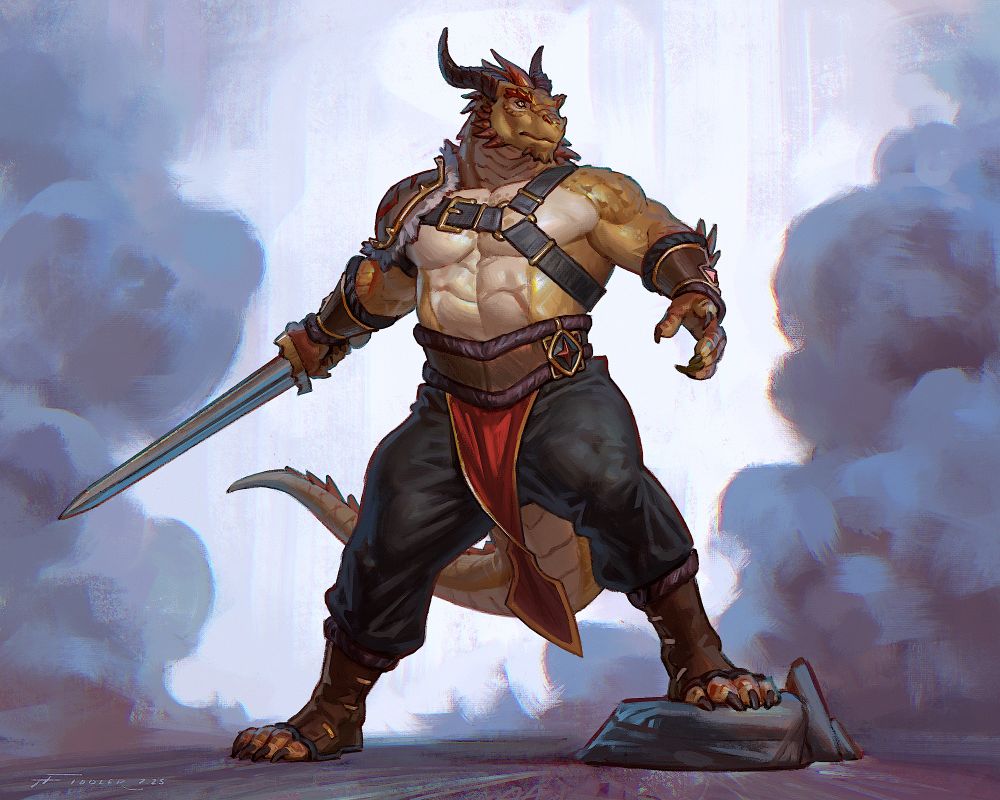 A muscular dragon man poses heroically, looking off to the right. He is wearing boots made for his clawed feet, pants, a belt with a cloth flap hanging down, bracers, and a pauldron. In his right hand is a sword, which he holds out and behind him as he stands with his foot on a rock.
