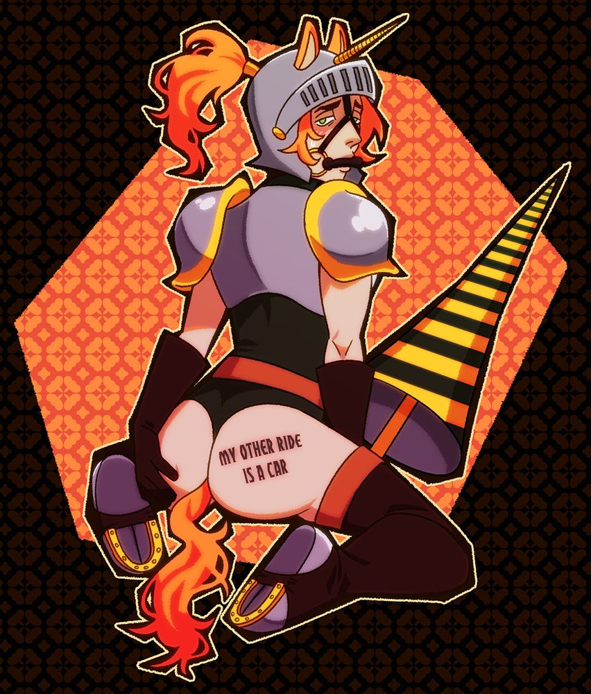 drawing of a male jouster from behind with a tattoo on his ass that says "my other ride is a car" and a helmet with horse ears and matching horse tail buttplug