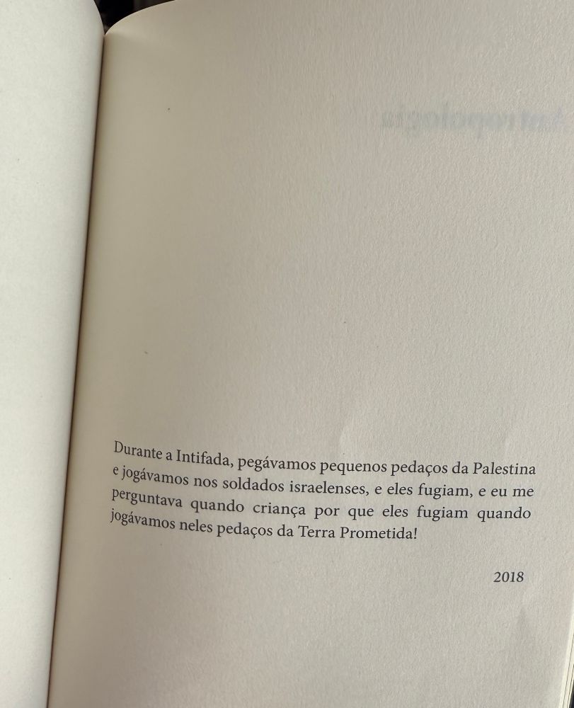 Durante a Intifada, pegávamos pequenos pedaços da Palestina e jogávamos nos soldados israelenses, e eles fugiam, e eu me perguntava quando criança por que eles fugiam quando jogávamos neles pedaços da Terra Prometida!