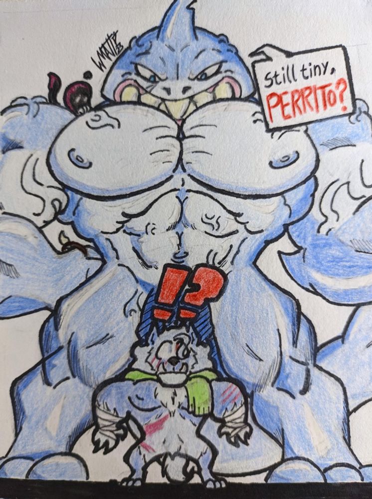 Wolfgang is cornered by his shark bro Grum, who got macro near him. Grum jokes about Wolfgang looking much smaller than him saying "Still tiny, perrito?" #Werewolf #Shark

© Grum and Arm are characters that belong to CationAlfa (@cationalfa.bsky.social)