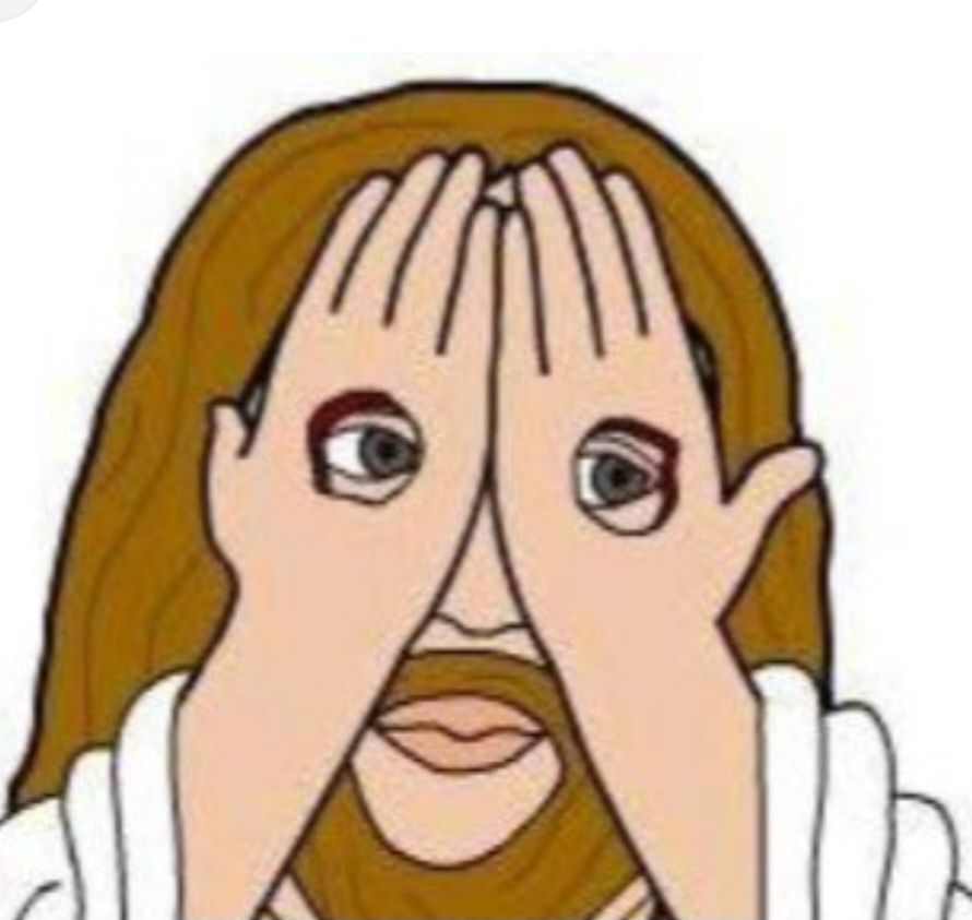 Cartoon image of caucasian Jesus on a white background. His head and shoulders are visible, and he wears a white robe. He faces the observer and holds his hands over his eyes in a peekaboo gesture. His eyes are open and visible as he peers through oversized stigmata on his hands.