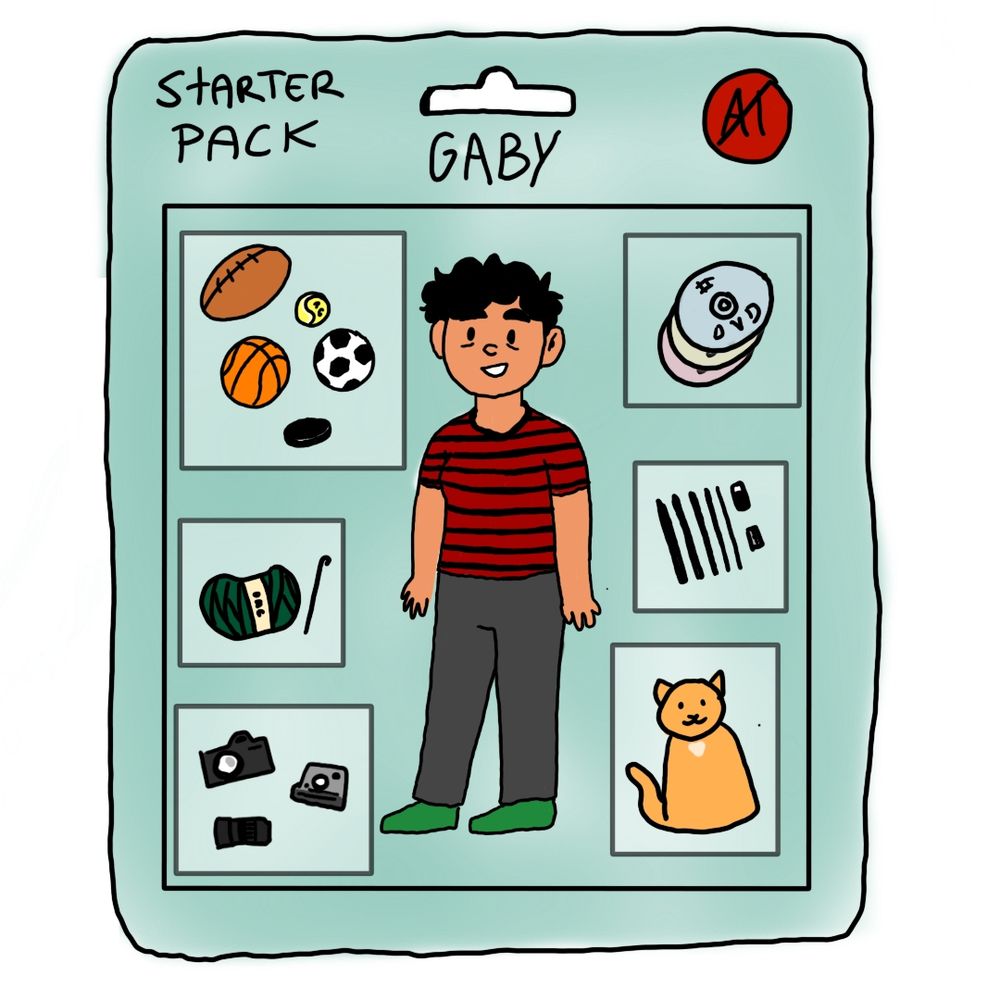 Dessin qui suit la trend de starter pack (sans ia). Au centre il y a Gaby, cheveux courts, marinière rouge et noire, pantalon gris et chaussures vertes. Autour il y a: une balle de tennis, de rugby, de foot et de basket, ainsi qu'un puck de hockey, une pelote verte avec un crochet, un appareil photo, un polaroid et un objectif zoom, trois DVDs, un assortiment de crayons, une gomme et un taille crayon, et un chat roux.
