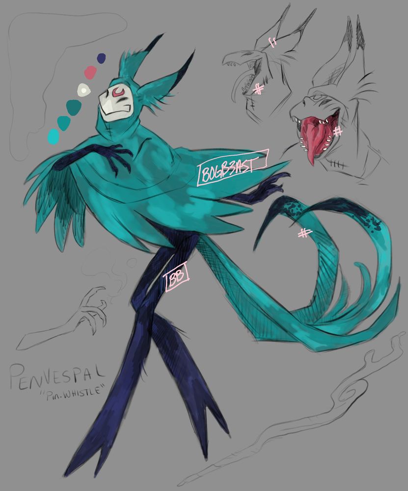 A colorful long legged character with an owl inspired face bird like hands and arms and very sharply shaped “heeled” shoe style legs.