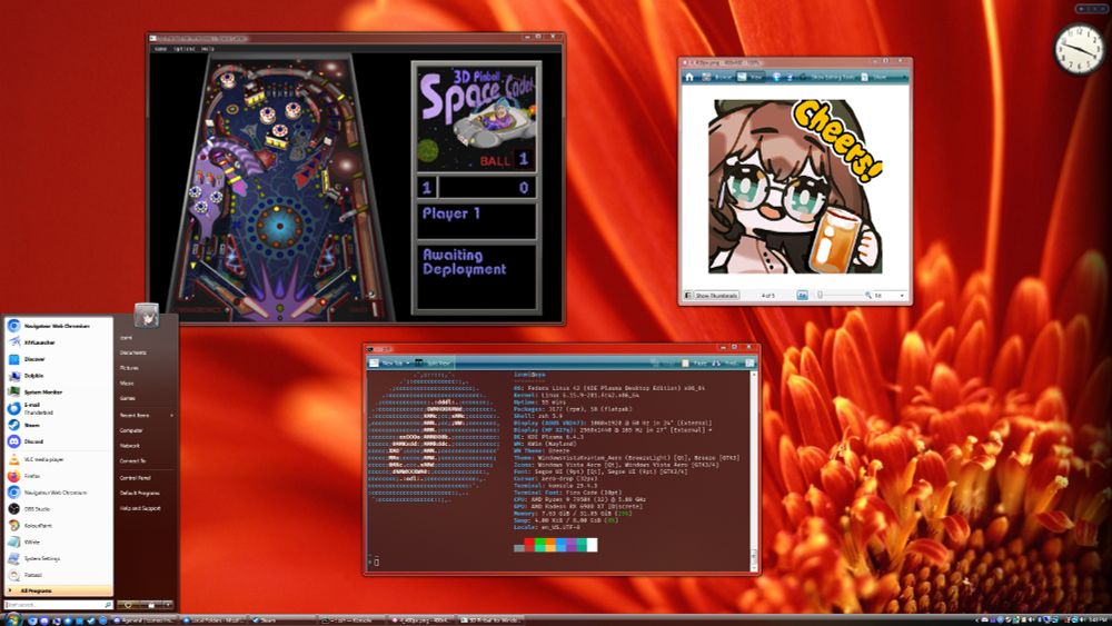 A Fedora Linux KDE desktop with a full conversion Windows Vista Aero theme applied!