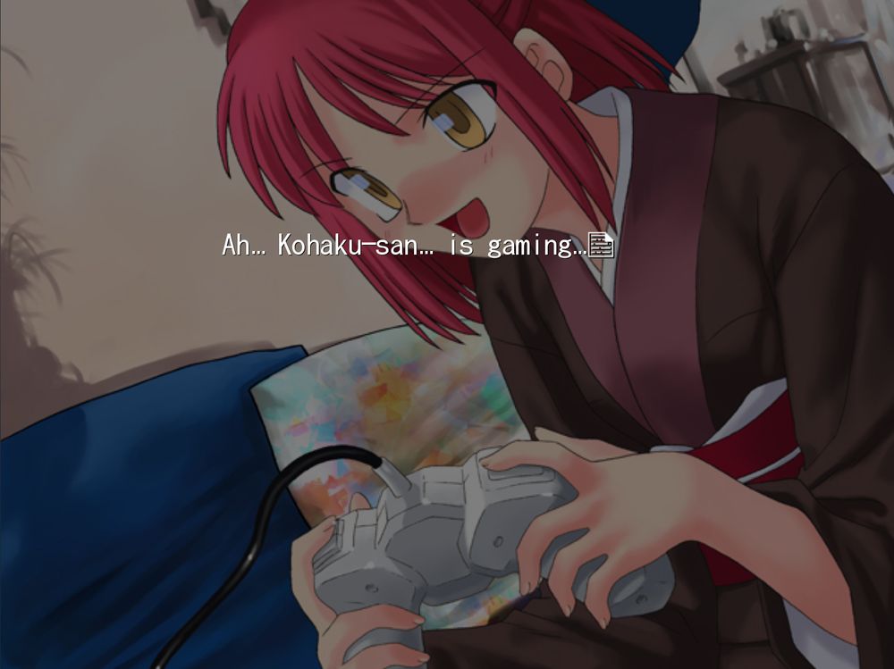 screenshot from Kagetsu Tohya with the caption "Ah... Kohaku-san is gaming"