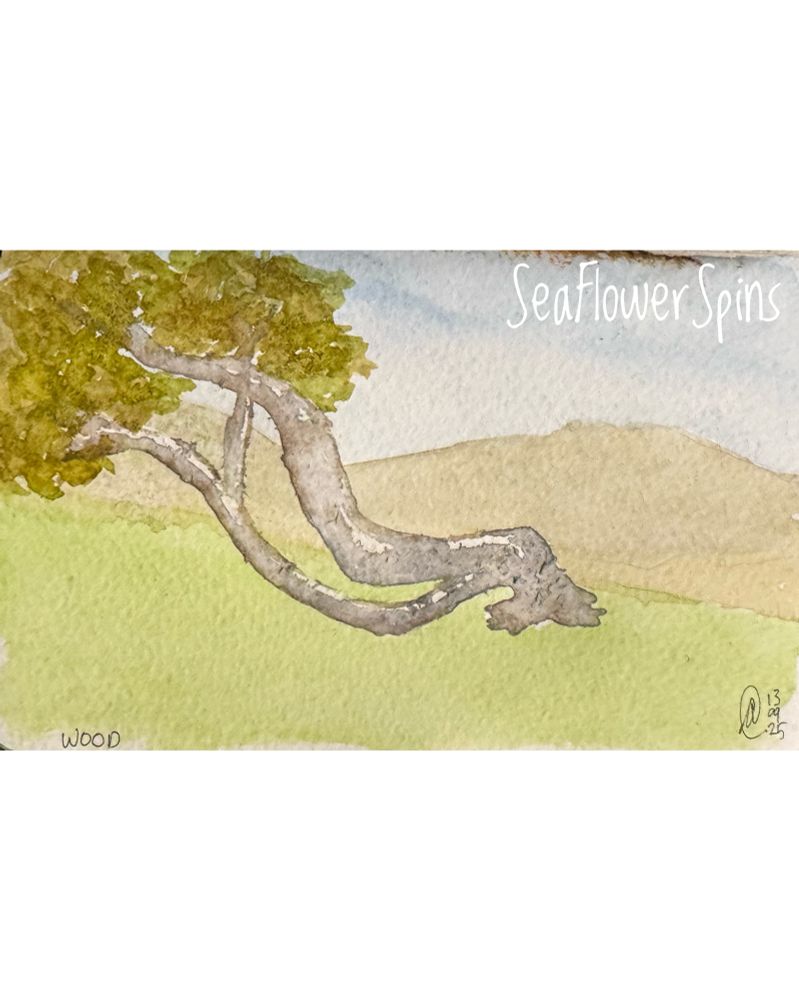 A small watercolour painting of a twisted gum tree reclining against vivid green grass. The tree trunks are grey and white while the foliage is in shades of warm yellow-green. 