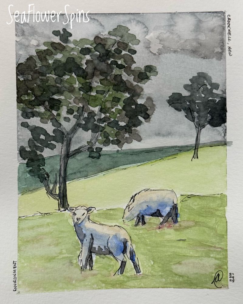 Responding to the prompt ENVIRONMENT, a watercolour painting of a lamb and its mother grazing on a slope with gum trees in the background under a grey sky. These sheep are keeping the grass down around the turbines of the Crookwell wind farm (not pictured). 