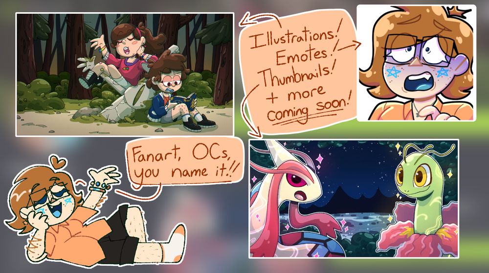 examples of Nyxlockee's art, with arrows pointing to it that says "Illustrations! Emotes! Thumbnails! + more coming soon!" There's a drawing of the artist at the bottom saying "Fanart, OCs, you name it!!"