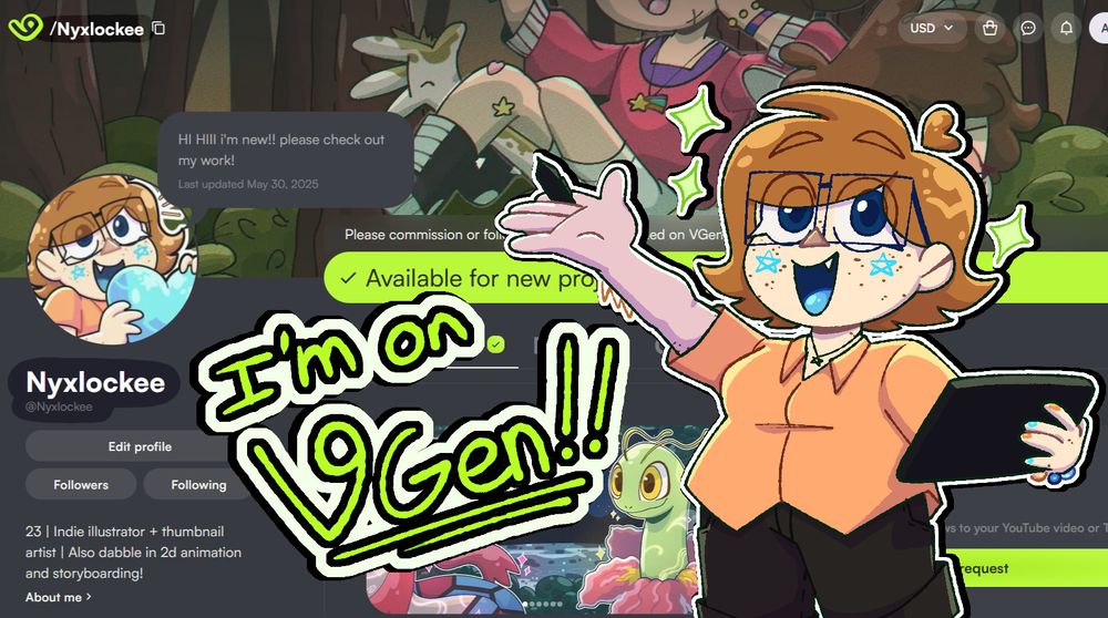 artist Nyxlockee in front of the Vgen website, with large text that says "I'm on VGen!!"