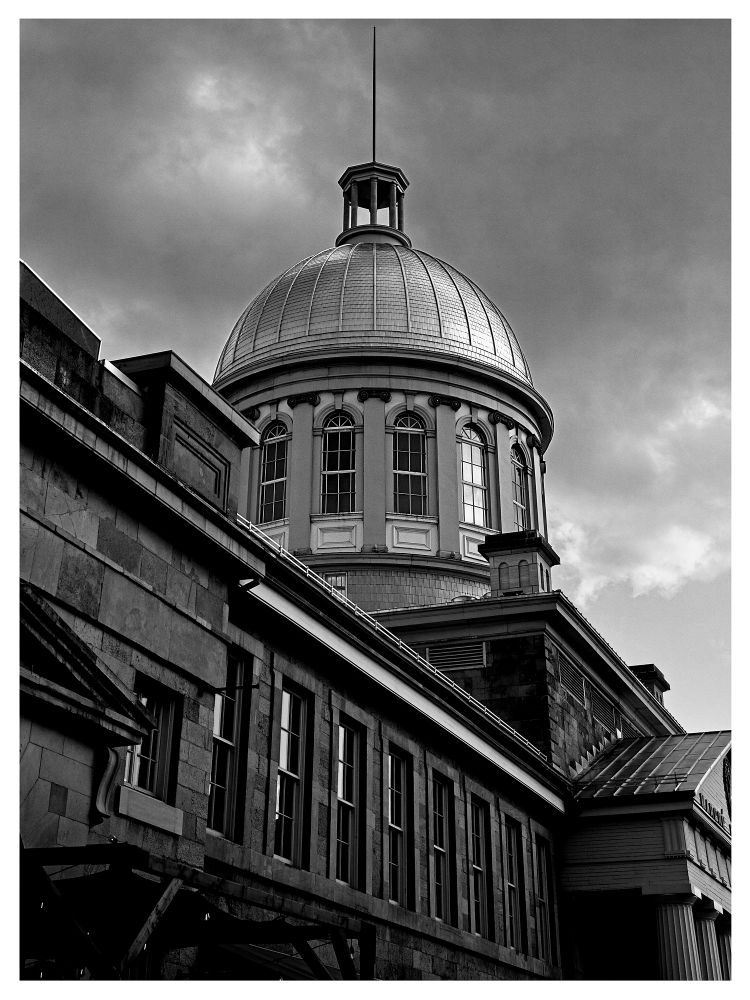 Black and white photo of The Dome of the Marche Bonsecours in Old Port of Montreal.