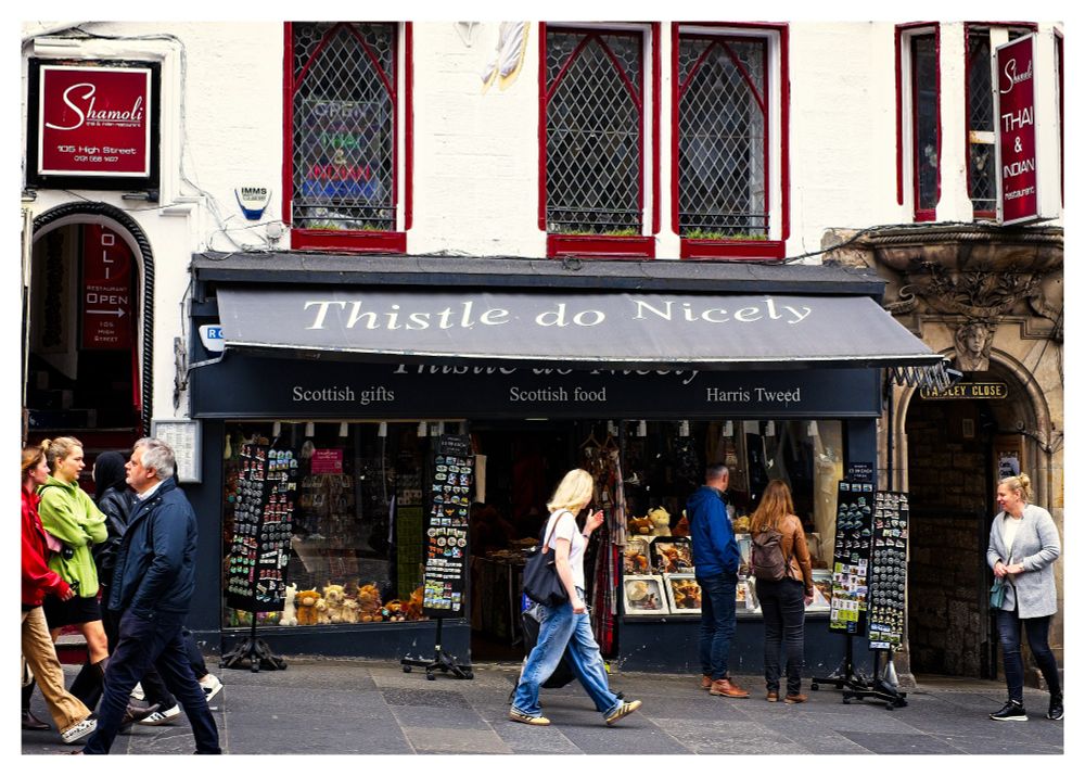 Outside "Thistle do Nicely" shop on Edinburgh's Royal Mile.