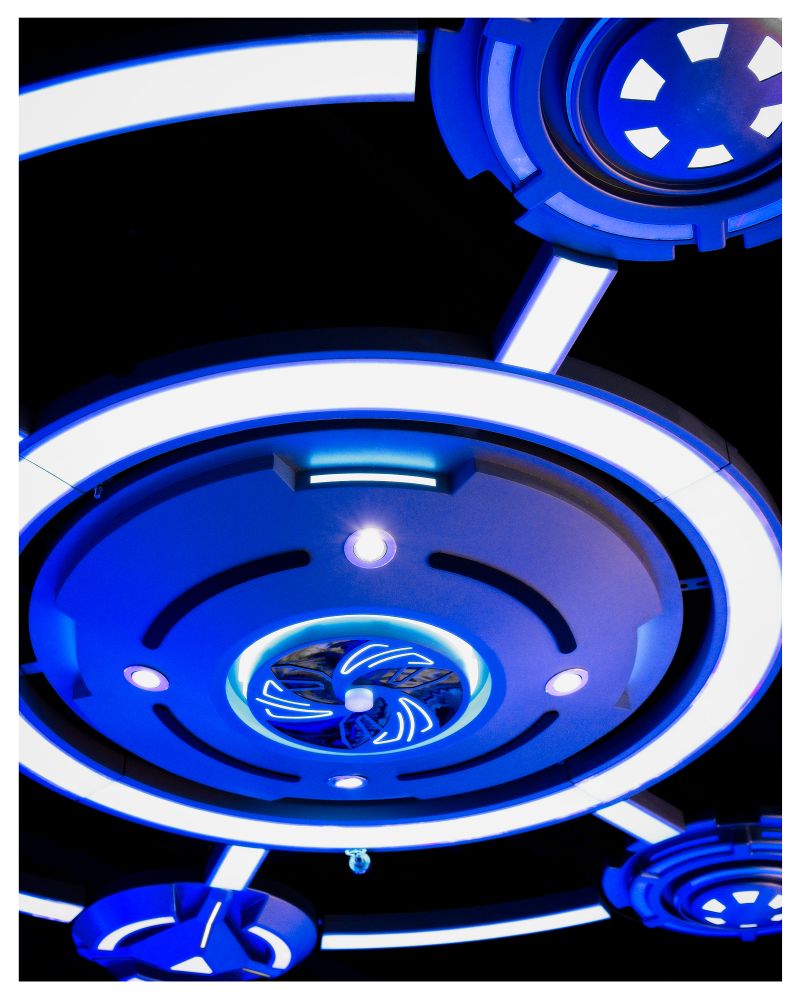Circular blue "spaceship" theme in the ceiling of Octozone in Toronto.