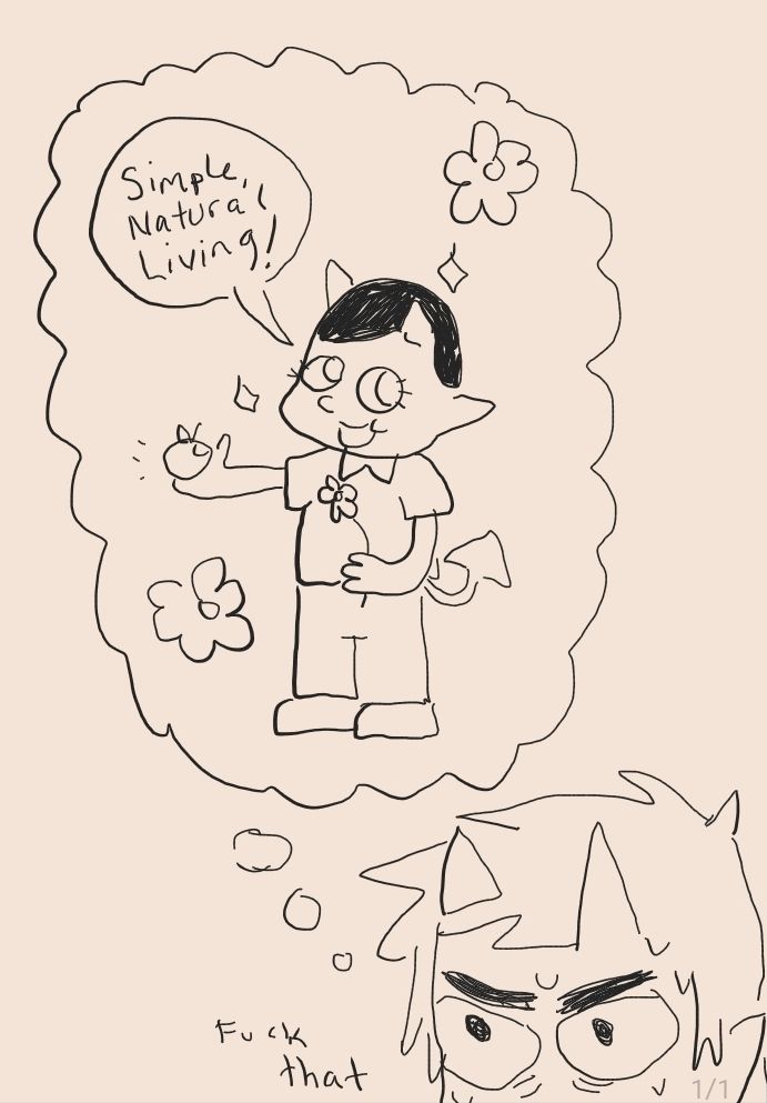 kodak angrily imagining a baby tiefling holding a flower and apple and saying "simple natural living!"