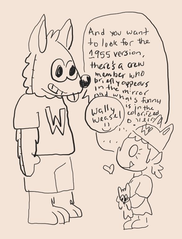Kodak in a mascot costume info dumping film trivia on a young guest who does not care