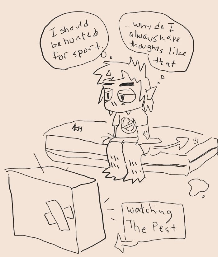 kodak watching the movie "the pest" on a dirty mattress on the floor. he thinks he should be hunted for sport and the questions why he thinks things like that