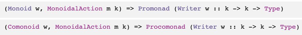 Code showing that Promonad (Writer w) needs Monoid w and Procomonad (Writer w) needs Comonoid w.
