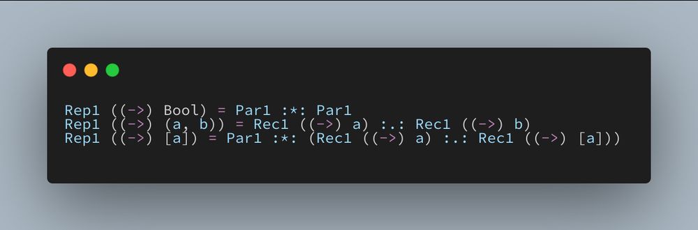 Rep1 ((->) Bool) = Par1 :*: Par1
Rep1 ((->) (a, b)) = Rec1 ((->) a) :.: Rec1 ((->) b)
Rep1 ((->) [a]) = Par1 :*: (Rec1 ((->) a) :.: Rec1 ((->) [a]))