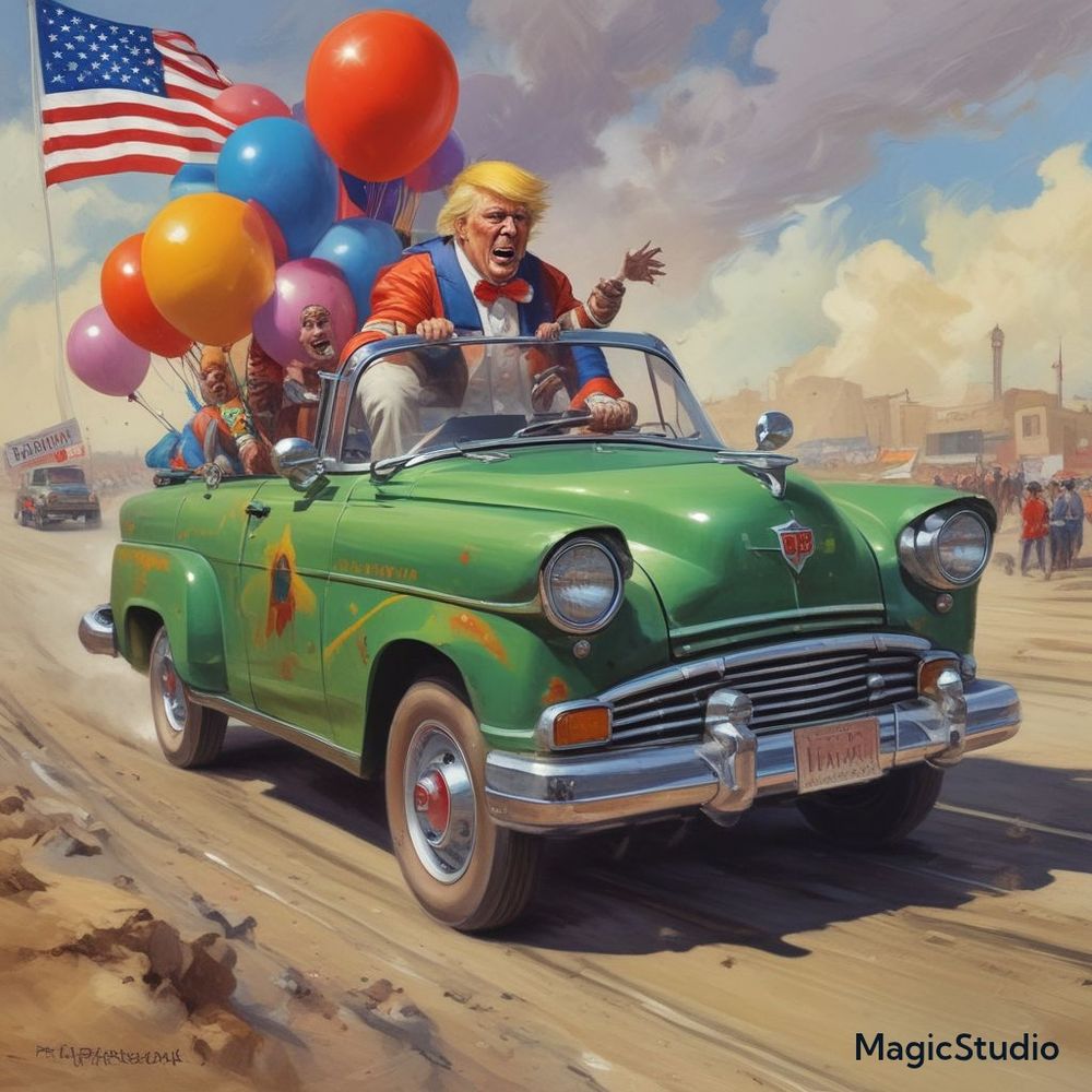 A cartoon Donald Trump dressed like a clown in a clown car full of clowns and baloons.