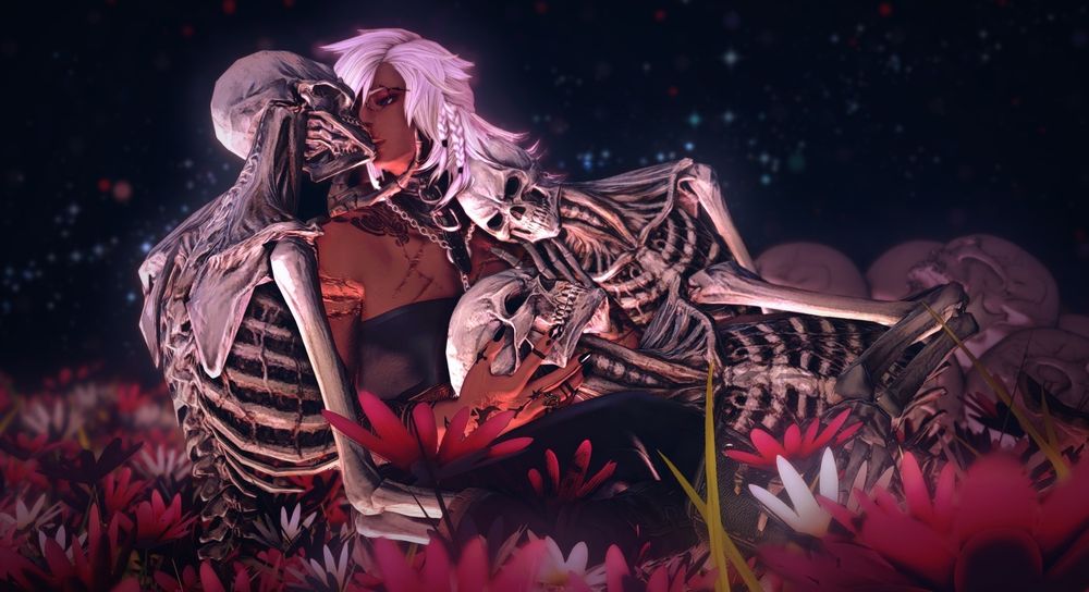 serene (they/them) - whiteish hair and dark brown skin hellsguard - sits in red and white blossoms with the night sky in the background. there is a pile of skulls behind them. three skeletons surround them; one tilts their face towards it to kiss them. one leans its head onto their opposing shoulder, embracing their arm. one lays in their lap, a gentle hand on their leg. serene cradles the third's skull in their hands. they seem at ease in this tender moment. the gpose is very softly lit.

