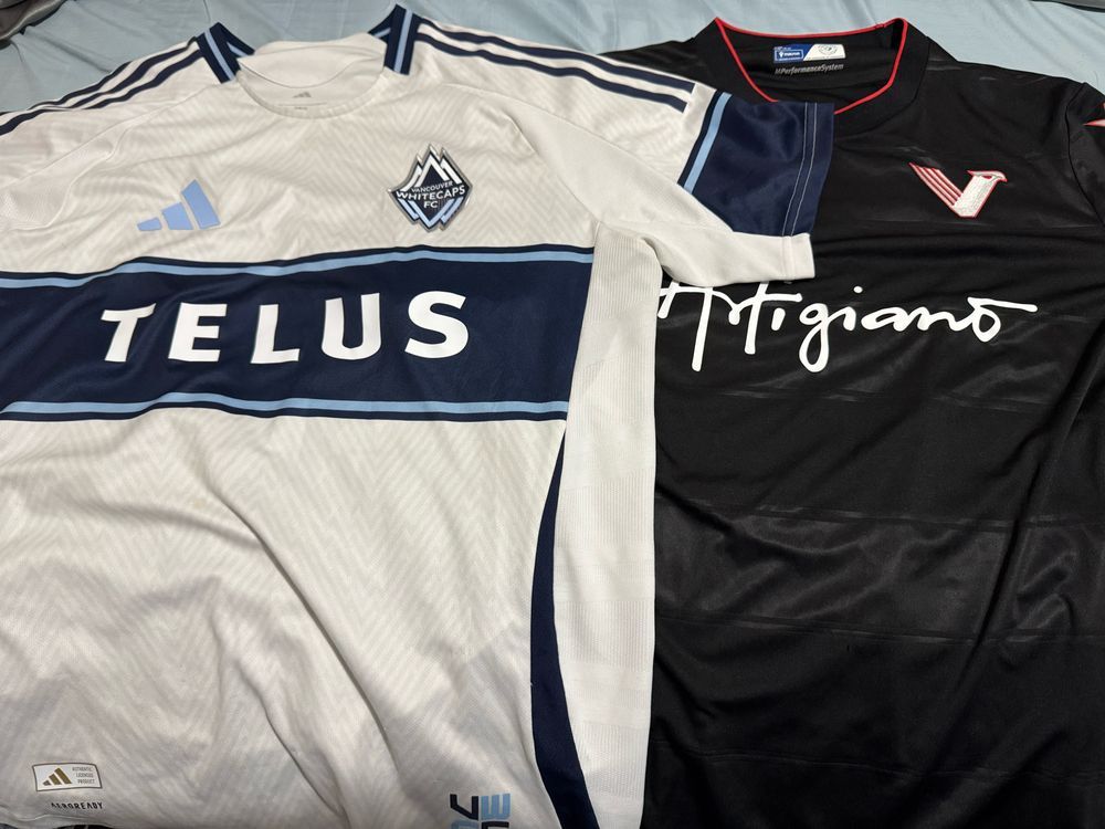 2025 Primary kit of Vancouver Whitecaps FC of Major League Soccer (MLS) side-by-side and overlapping over 2025 Alternate kit of Vancouver FC of Canadian Premier League (CPL)