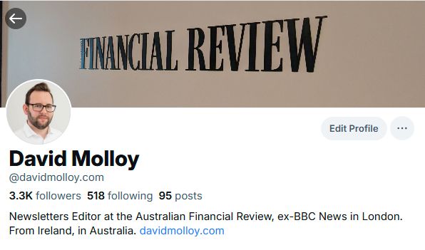A screenshot of the Bluesky profile page showing a biography that lists David as Newsletters editor at the Australian Financial Review and as ex-BBC News. The banner image is now the Financial Review logo.