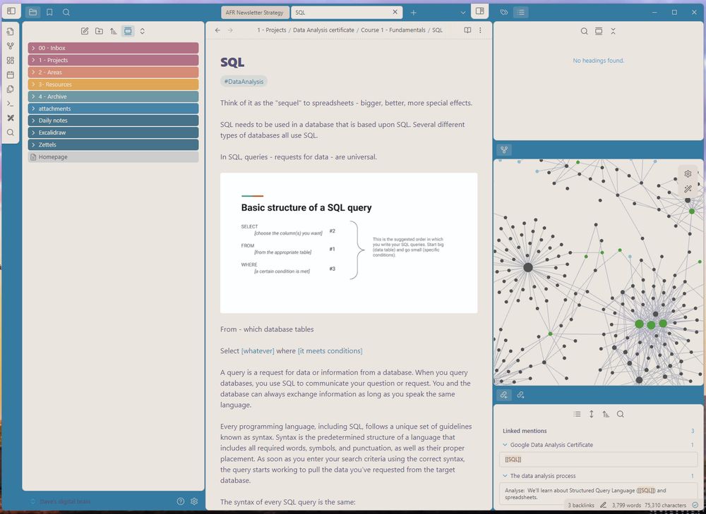 A screenshot of the Obisdian notetaking software, with brightly multicoloured folders on the left, a central panel with notes on SQL database queries in the centre, and a panel on the right with a complex web of links and nodes - all in a calm, deep pastel blue colour scheme