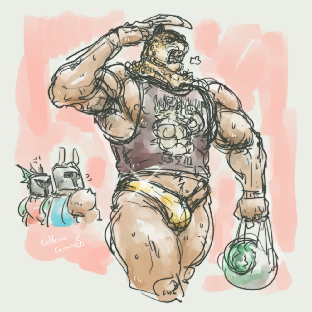 Jaguar-mask luchadore King in a black tank-top and gold swim briefs