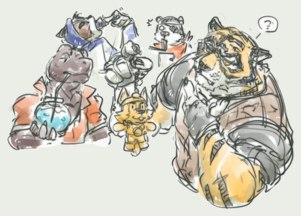 Illustration of Oscar holding up a 24k wendell keychain, Thunder sipping a shield potion, Polar patroller being amazed at Nyanja pushing a kimbap whole down in the background