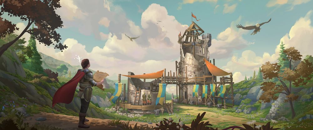 A knight surveys the construction of her tower.