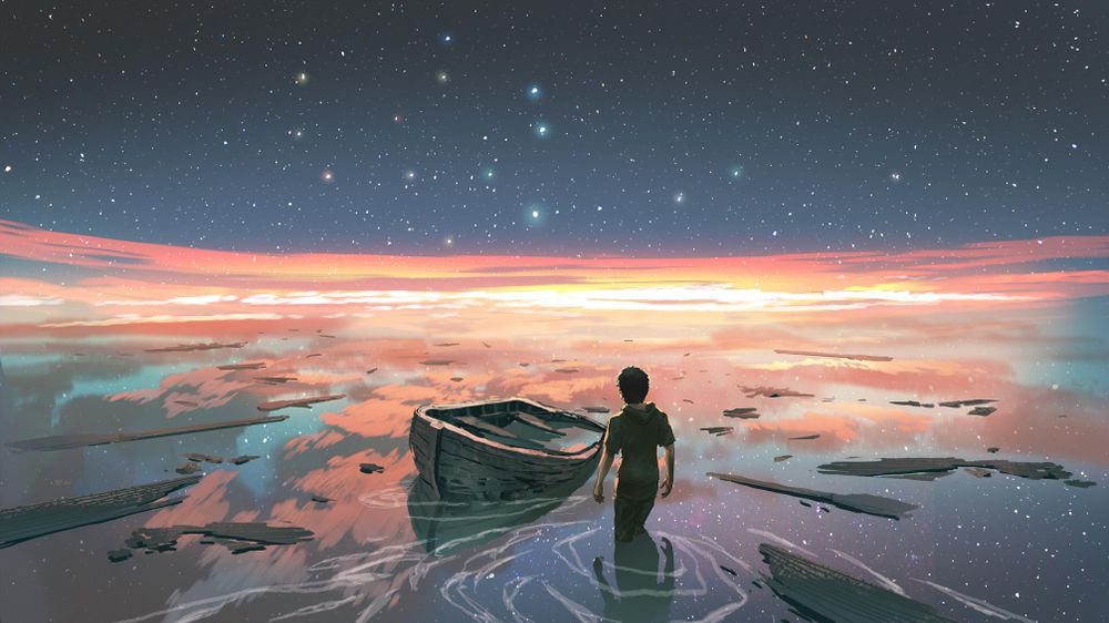 A figure about to launch a small rowboat into shimmering waters. Art by Tithi Luadthong. 