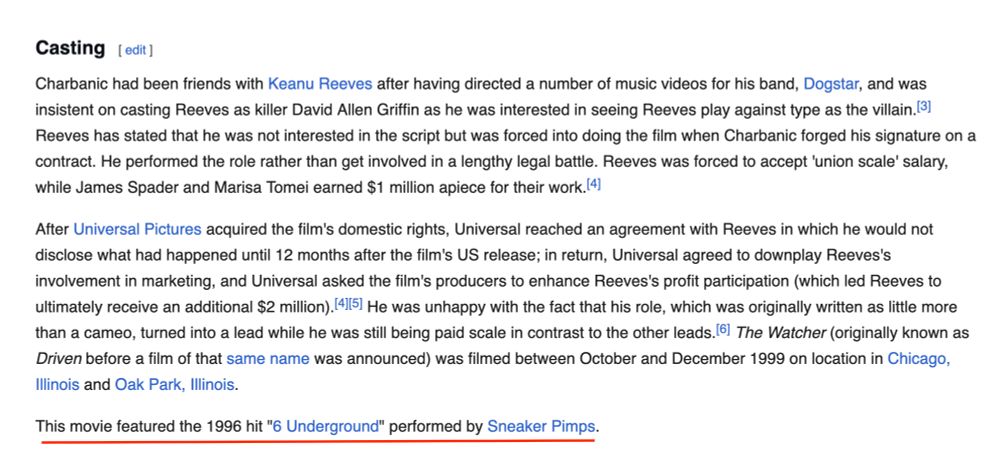 the casting section of the wikipedia page for the watcher with info on it containing a sneaker pimps song highlighted